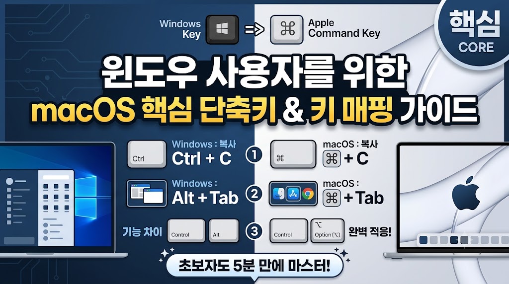 맥북 키보드의 커맨드(Command), 옵션(Option), 컨트롤(Control) 키와 주요 단축키 조합을 정리한 인포그래픽