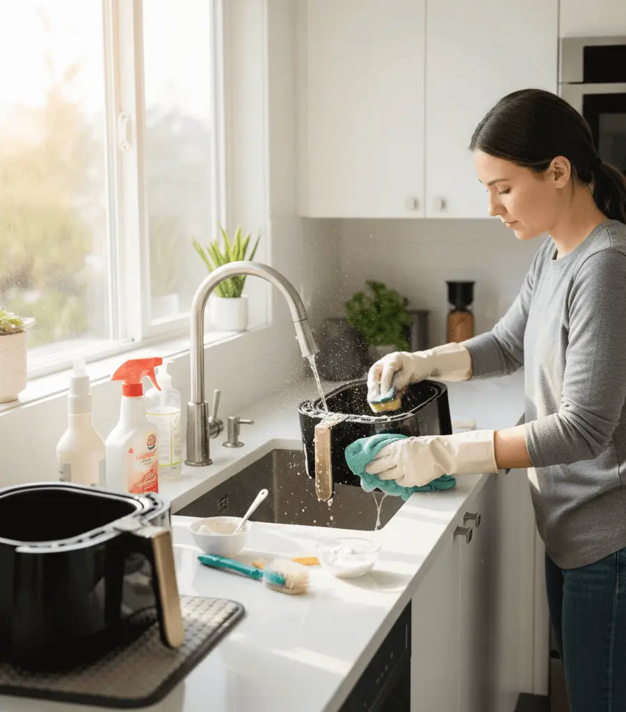 밝은 주방 싱크대에서 고무장갑을 낀 여성이 수세미와 천을 사용하여 에어프라이어 바스켓을 꼼꼼하게 물로 세척하고 있는 모습