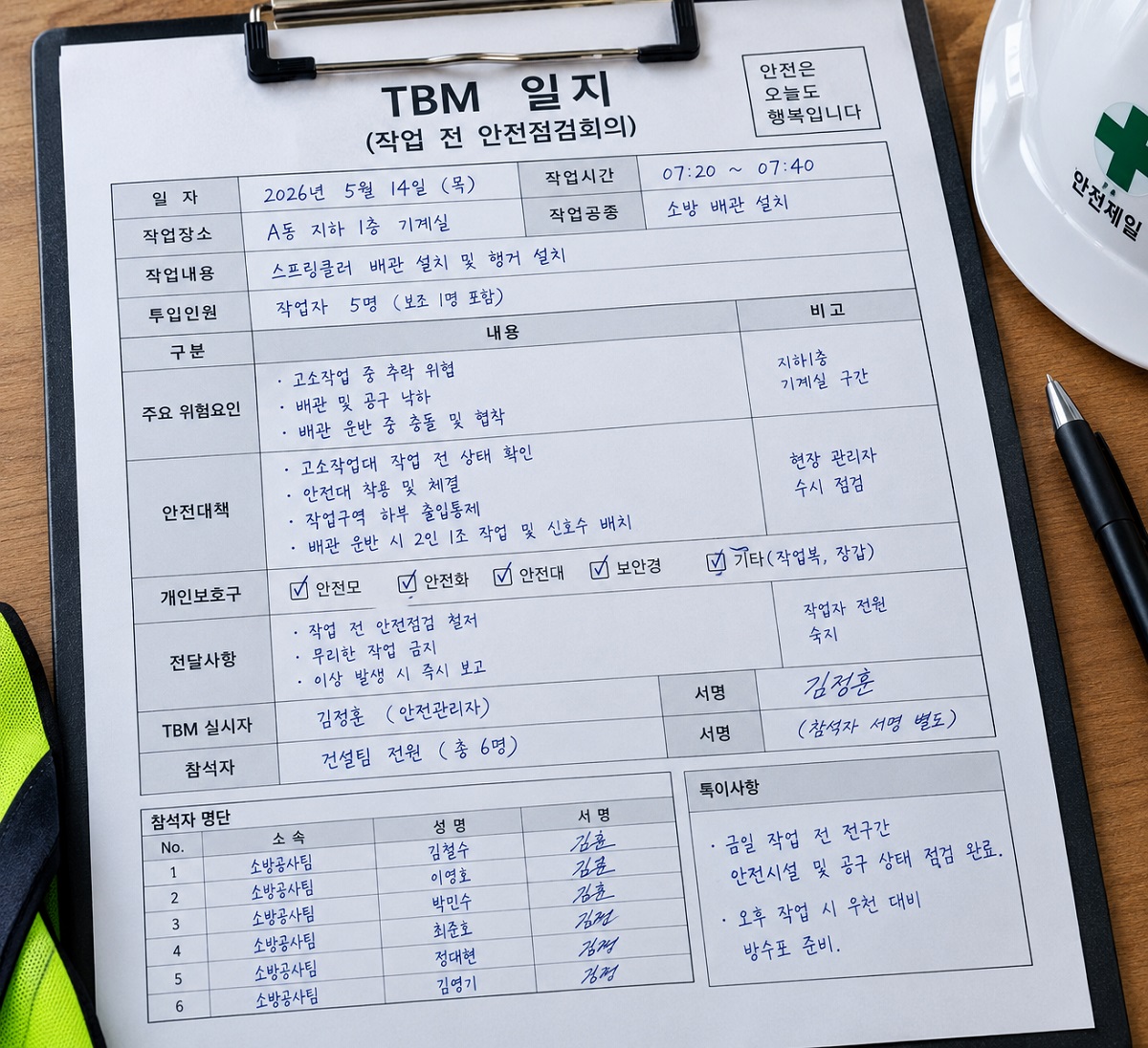 TBM 일지 작성 예시와 안전대책 기록