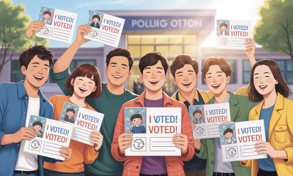 MZ세대가 직접 제작한 투표 인증 종이를 들고 웃는 모습. 캐릭터와 문구로 개성을 표현하며 투표를 독려하는 이미지.