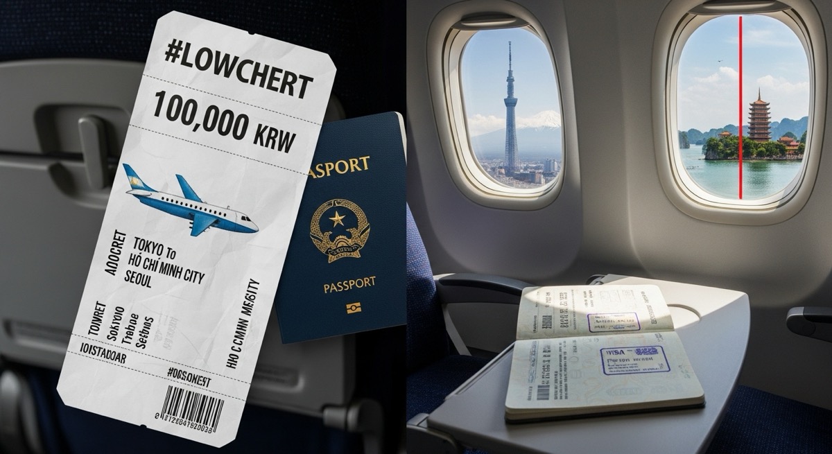 10만원대 제일 싼 해외 여행을 상징하는 비행기 티켓과 여권