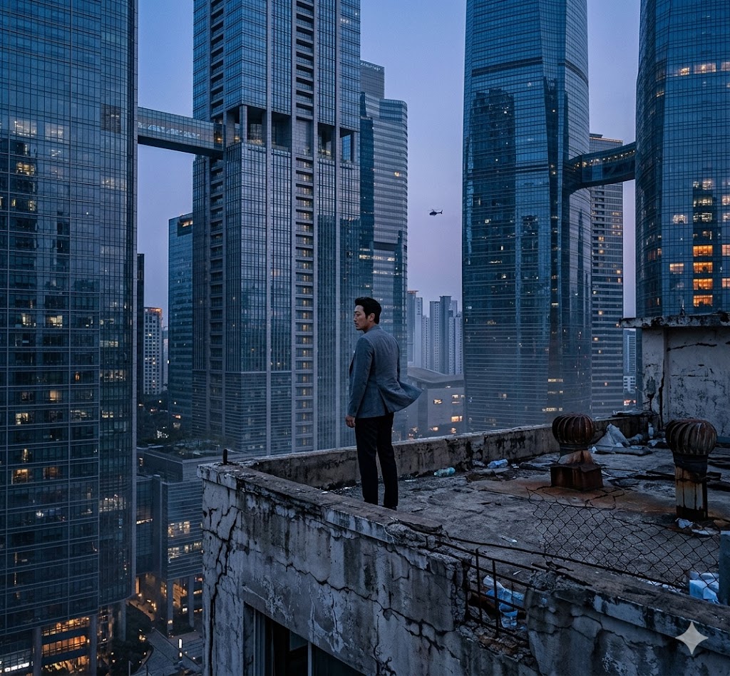 화려한 강남의 초고층 빌딩 숲을 배경으로 무너질 듯 낡은 세윤빌딩의 옥상에 홀로 위태롭게 서 있는 기수종의 뒷모습 스틸컷