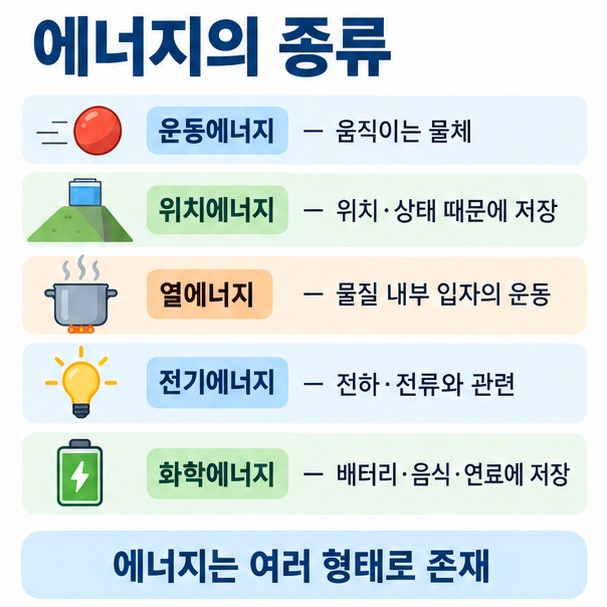 운동에너지, 위치에너지, 열에너지, 전기에너지, 화학에너지의 뜻과 예시를 비교한 이미지