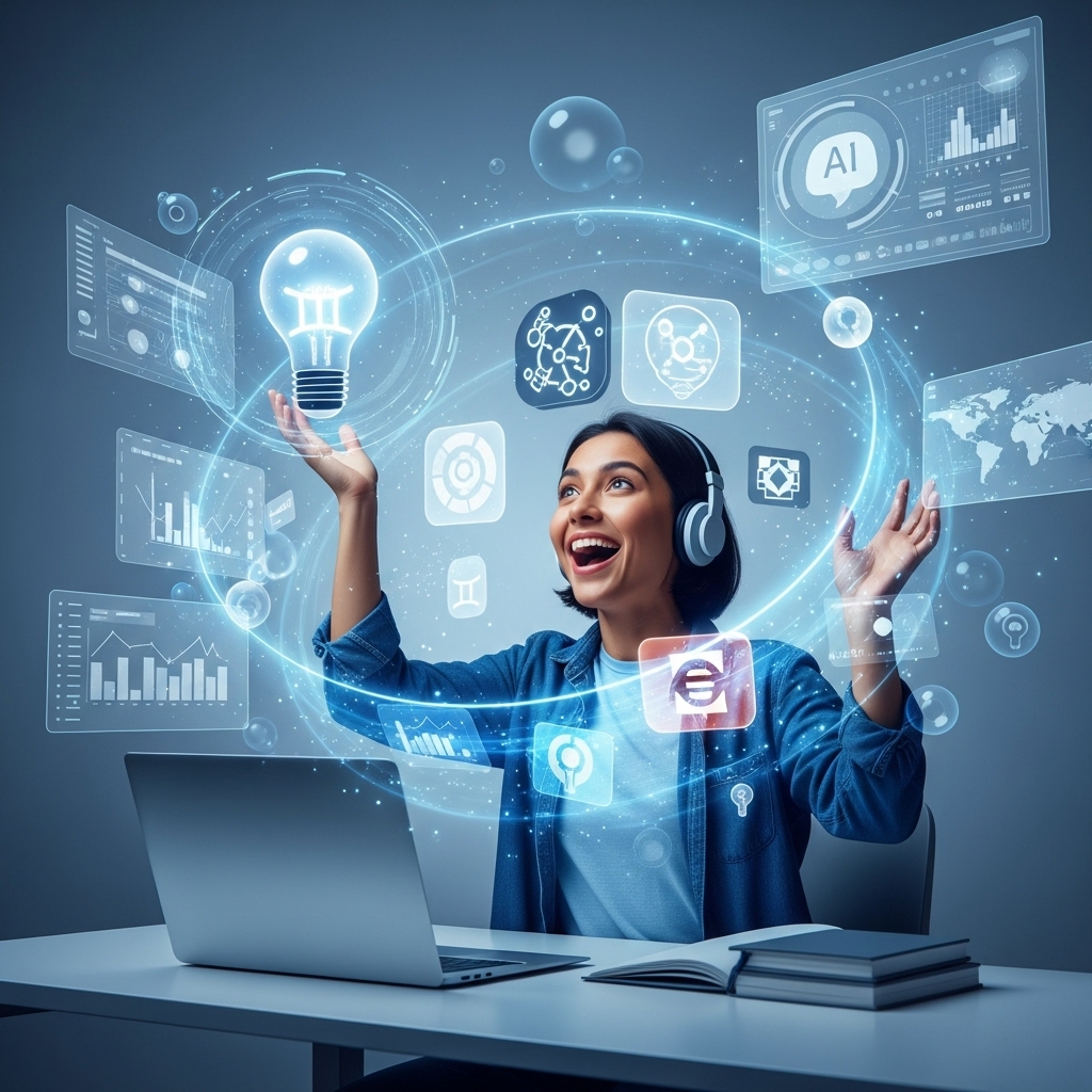 콘텐츠 아이디어를 얻어 기뻐하는 사람과 AI 제미나이를 상징하는 디지털 요소들.