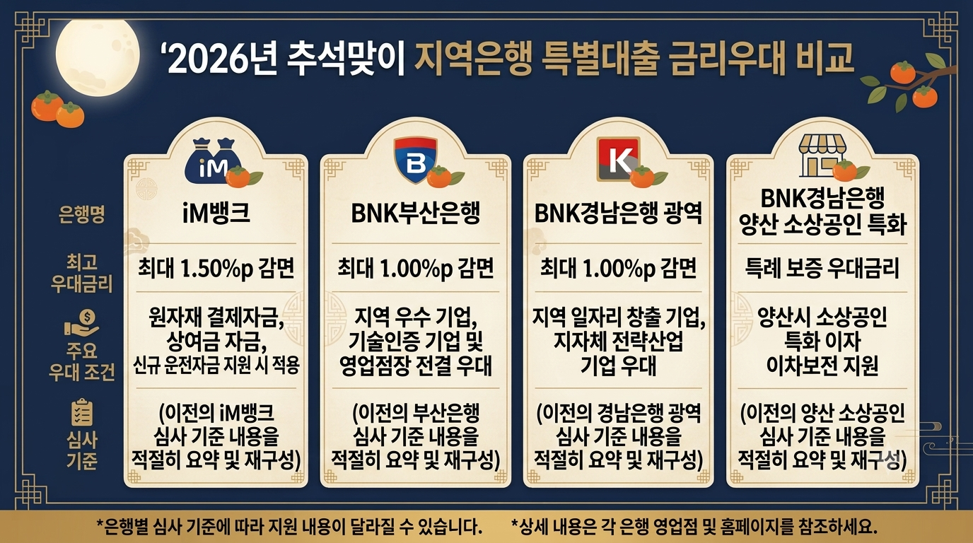 2026년 추석맞이 지역은행 특별대출 은행별 금리우대 비교