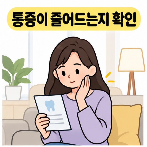 통증이 줄어드는지 확인이라는 문구 아래 집에서 볼에 손을 가볍게 댄 환자가 치과 안내지를 살펴보는 그림