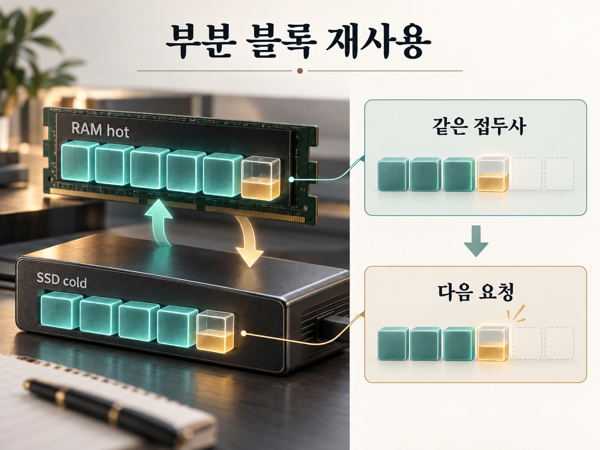 RAM hot cache와 SSD cold cache에서 부분 블록을 다음 요청에 재사용하는 개념