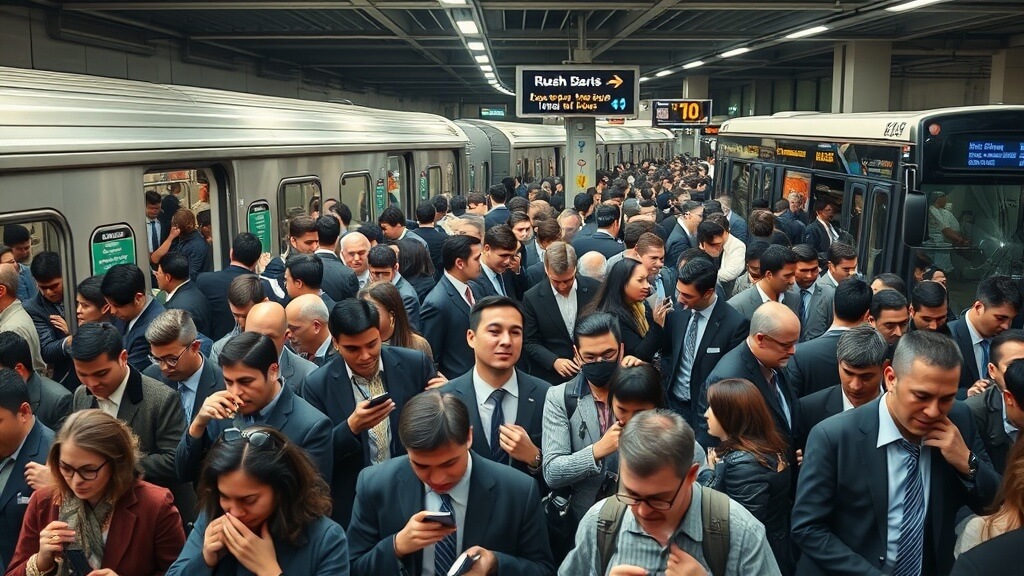 철도 총파업으로 인해 사람들로 가득 찬 만원 지하철과 도로를 가득 메운 버스, 그리고 힘겹게 이동하는 시민들의 모습