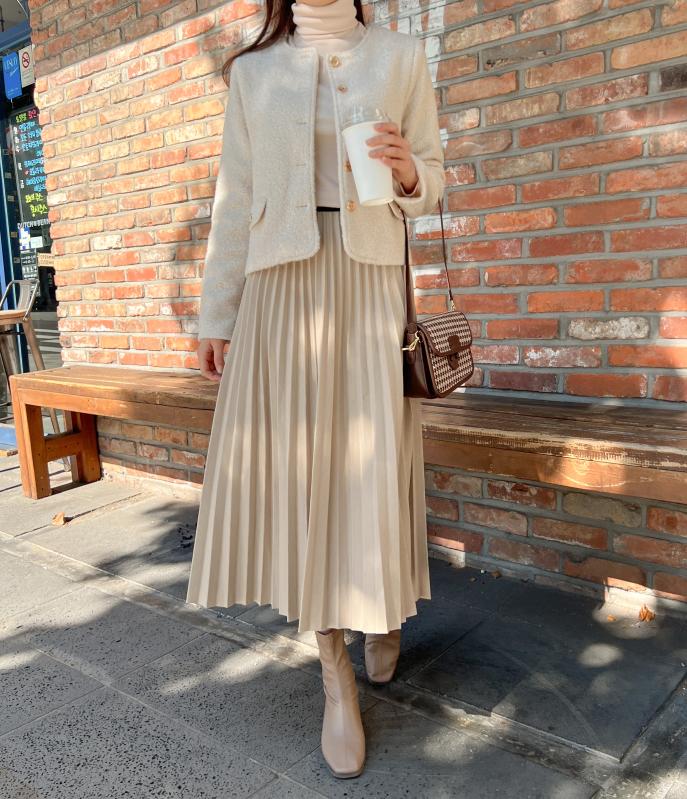 감사쿠폰 기획전 가을 겨울 모직 밴딩 플레어 울 플리츠 롱 스커트