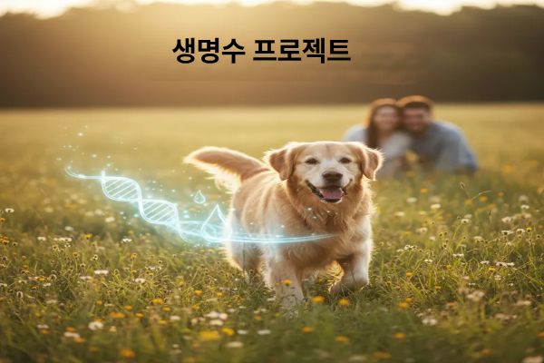 "생명수 프로젝트"라는 주제를 시각적으로 강조하면서, 반려견의 건강하고 활기찬 노년을 상징하는 이미지입니다.