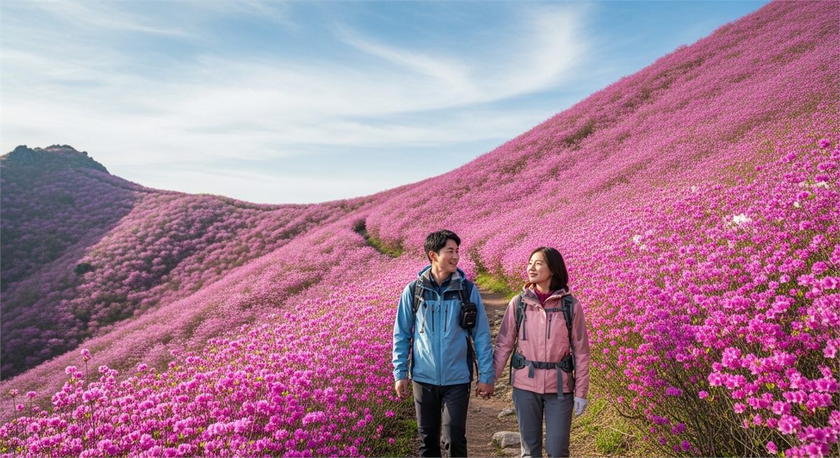 참꽃 군락 사이를 걷는 방문객의 봄 나들이 모습