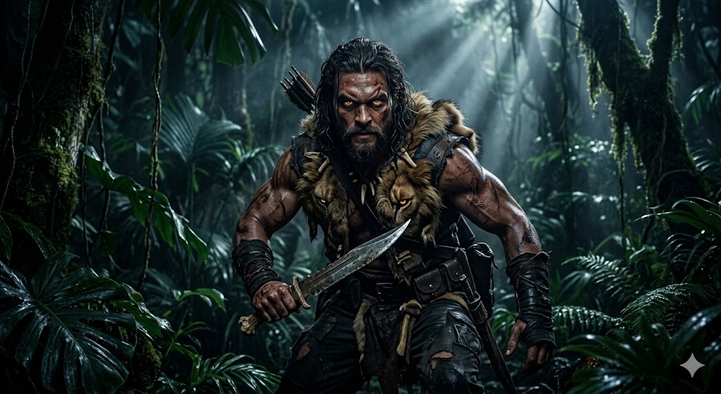 크레이븐 더 헌터 주인공 세르게이가 어두운 야생 숲속에서 사냥용 단검을 꽉 쥔 채 맹수와 같은 날카로운 눈빛으로 표적을 응시하는 모습