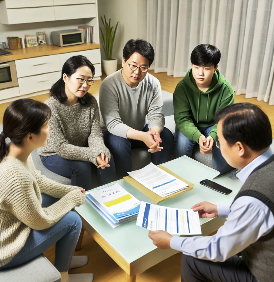 가족이 거실에서 건강보험 플랜에 대해 논의하는 장면