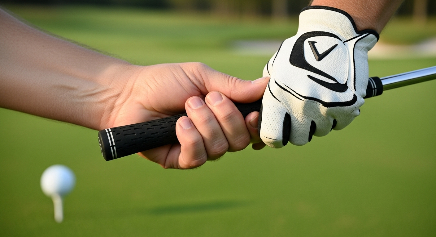 시니어 골퍼가 골프 클럽을 편안하면서도 견고하게 잡고 있는 손 확대 사진