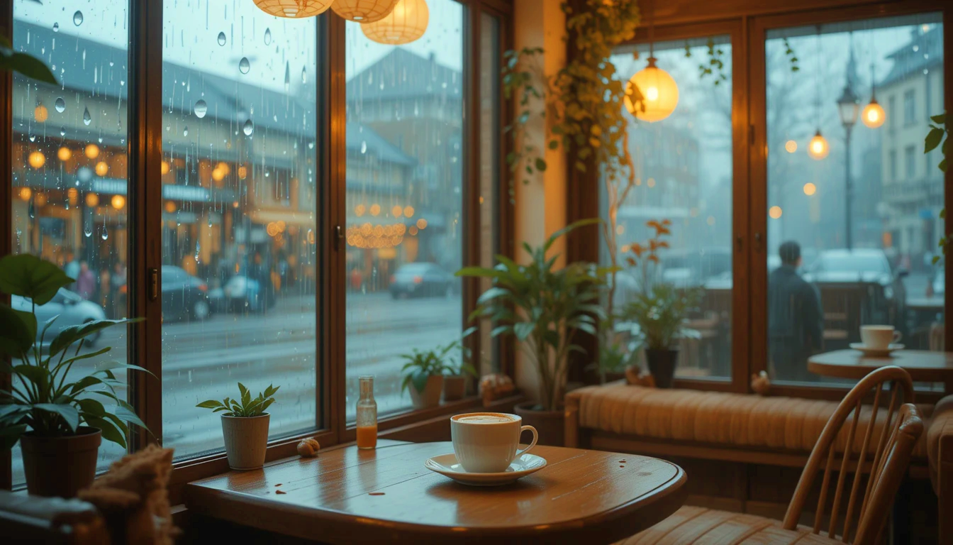 비 내리는 아늑한 카페 내부, 창유리를 타고 흐르는 빗줄기, 따뜻한 앰버 불빛 반사, 창에 닿는 비의 부드러운 소리, 커피 원두와 비의 상쾌한 향, 니트 스웨터의 따뜻한 감촉, 라떼의 카라멜 맛, 파스텔 옐로우와 그레이 톤, 고해상도 4K, 독창적 구성.