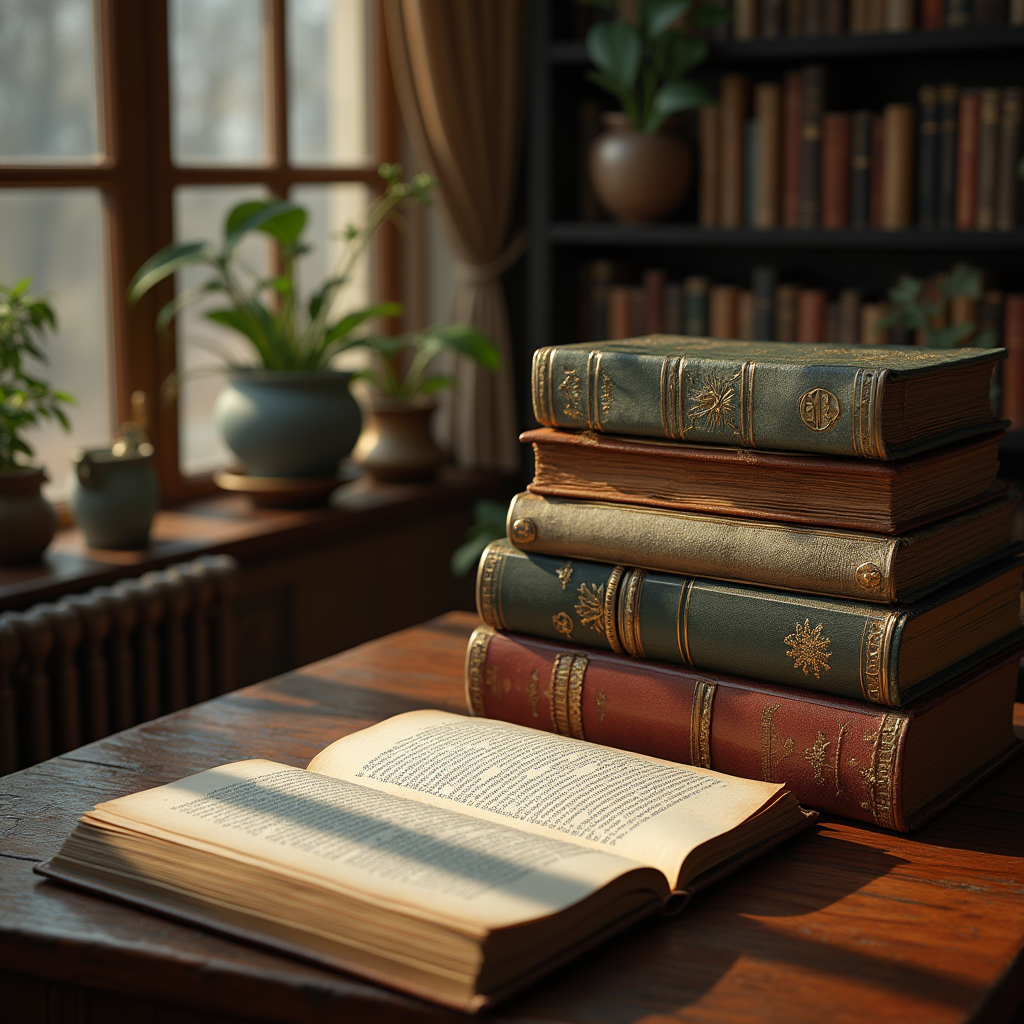 책이 펼쳐저 있는 공간에 창문을 통해 햇빛이 내리쬐는 모습