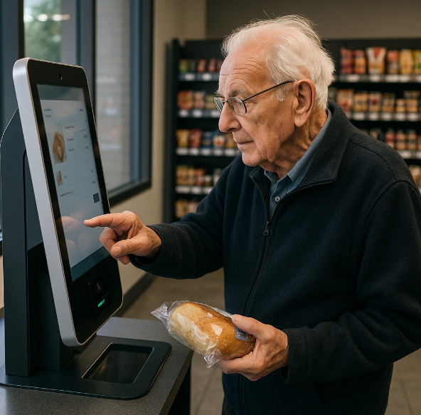 무인상점을 이용하는 노인의 사진