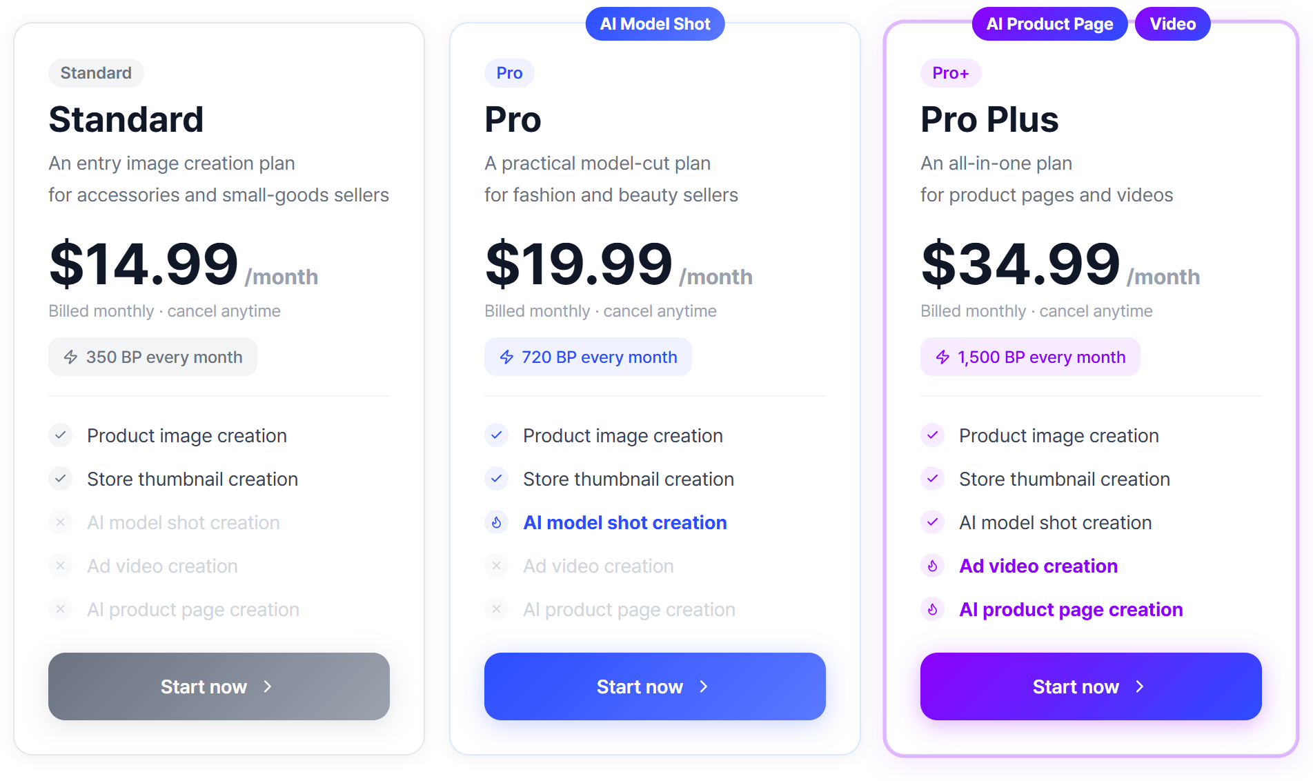 Pricing plan cards outlining the target users and key features of Draph Art's three service tiers