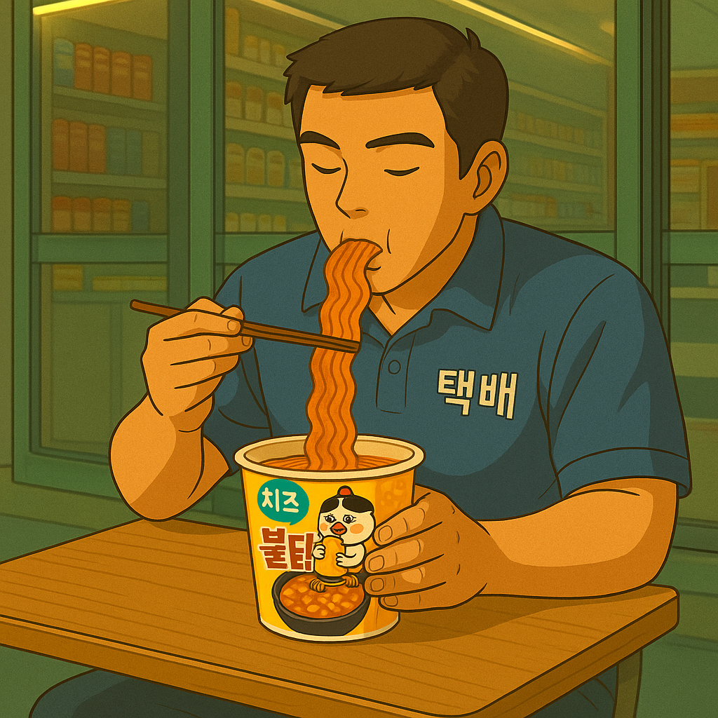 "치즈불닭볶음면을 먹으며 배고픔과 세상을 함께 삼킨 택배기사"
(해소, 몰입, 감정의 작은 회복)