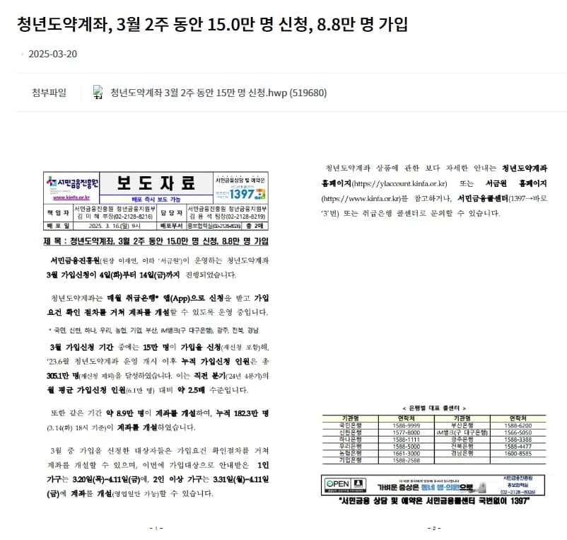청년도약계좌가 2025년 3월에만 15만명이 신청했다는 보도자료