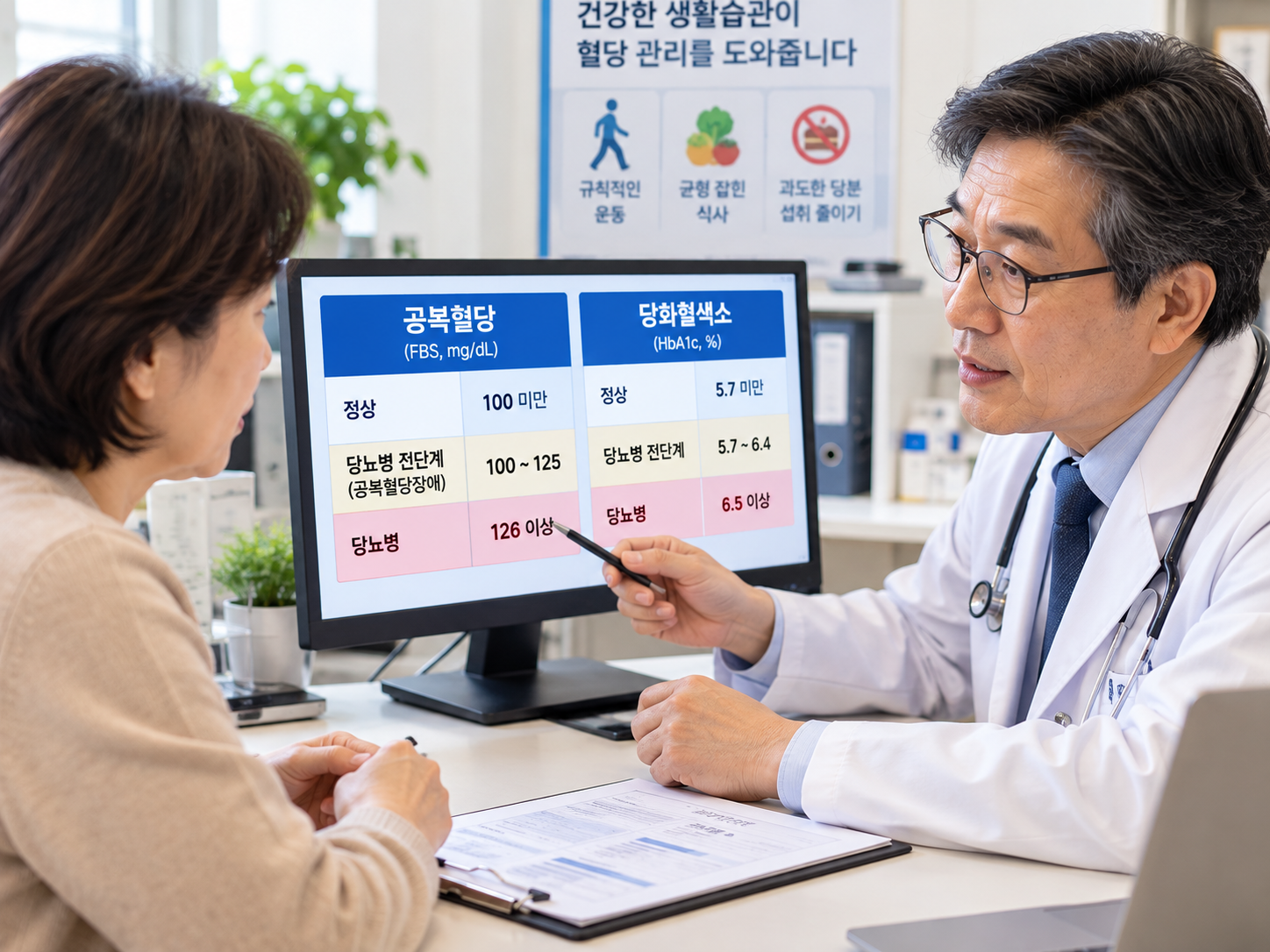 병원에서 공복혈당과 당화혈색소 검사 결과를 설명받는 중년 환자의 모습의 이미지