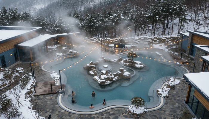 2025년 겨울, 눈 덮인 산과 어우러진 국내 야외 온천 리조트에서 사람들이 따뜻한 온천욕을 즐기며 휴식하는 모습.