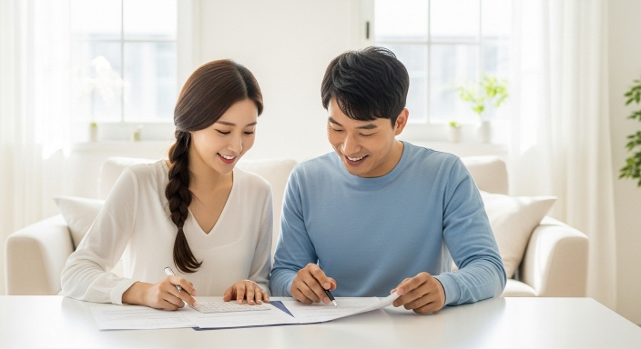 밝은 집 거실에서 부부가 함께 재산세를 계산하는 모습
