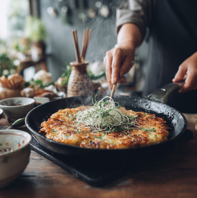 주방에서 미나리전을 부치는 모습
