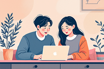 노트북으로 육아휴직 급여를 온라인 신청 중인 부부, 신청 방법을 같이 알아보고 있는 모습