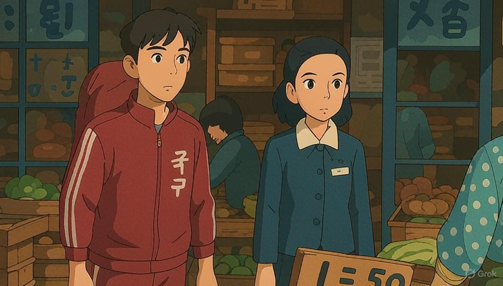 시장에서 서있는 소년과 소녀 지브리풍 이미지