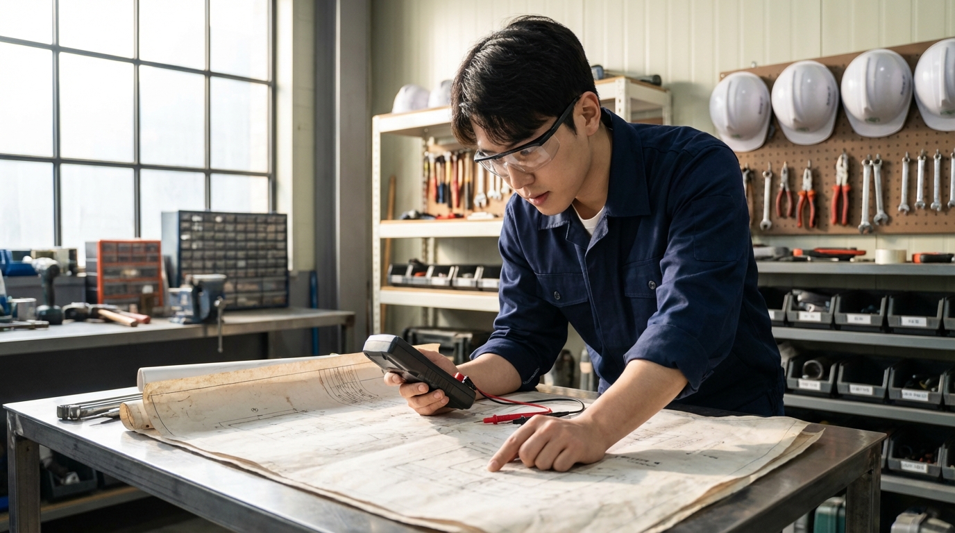 도면과 계측기를 활용해 기술 기초를 학습 중인 한국인 입문 기술자의 모습