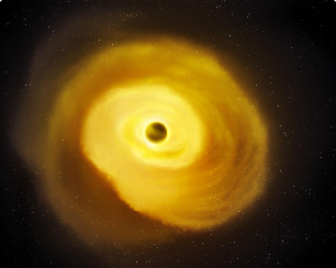 블랙홀 주변이 강력하게 빛나며 주변 별빛을 휘게 만드는 장면