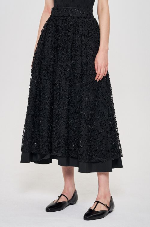 한섬 오브제 레이스 레이어드 플레어 스커트