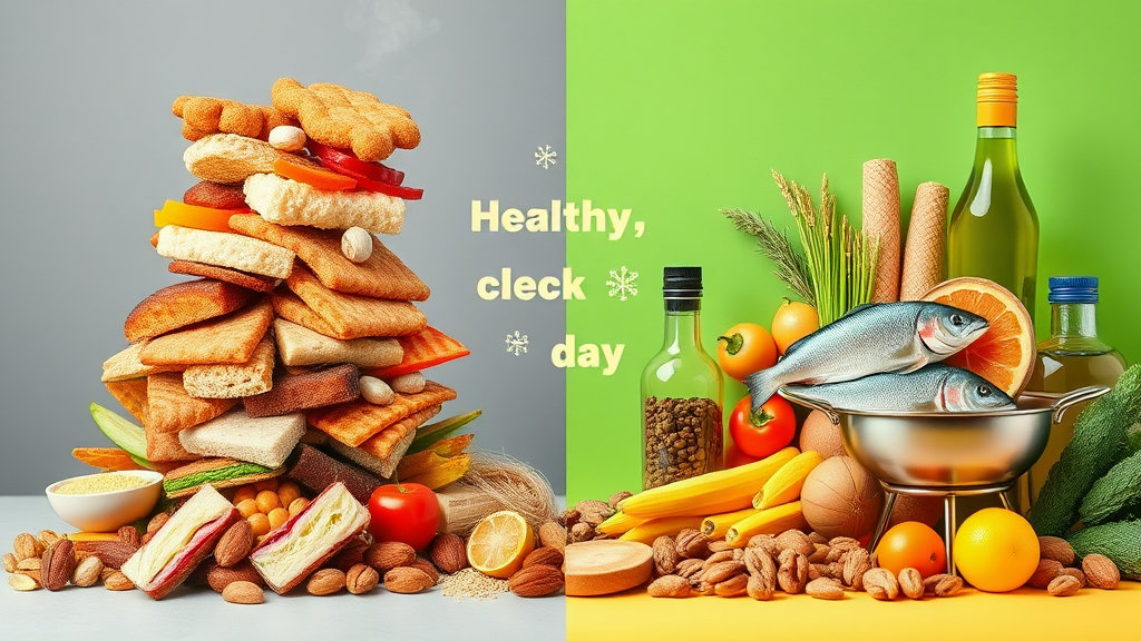 왼쪽은 빵, 과자 등 고지혈증에 나쁜 음식과 오른쪽에는 생선, 과일, 견과류, 올리브 오일 등 고지혈증에 좋은 음식 모습.