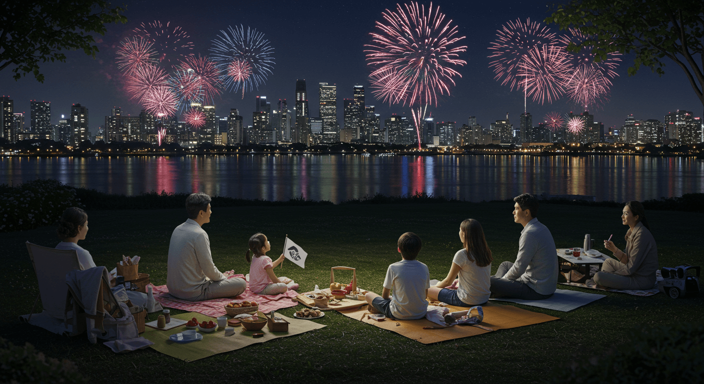 한강공원에서 가족이 돗자리를 펴고 불꽃놀이를 감상하는 모습 1
