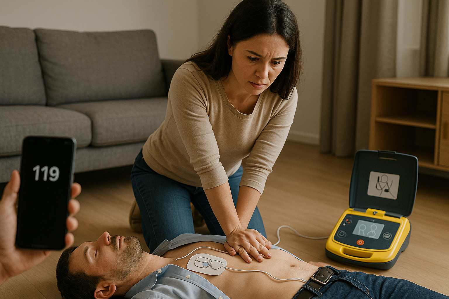 성인 심정지 상황에서 구조자가 가슴 중앙에 손을 포개고 100–120회/분으로 압박하는 모습