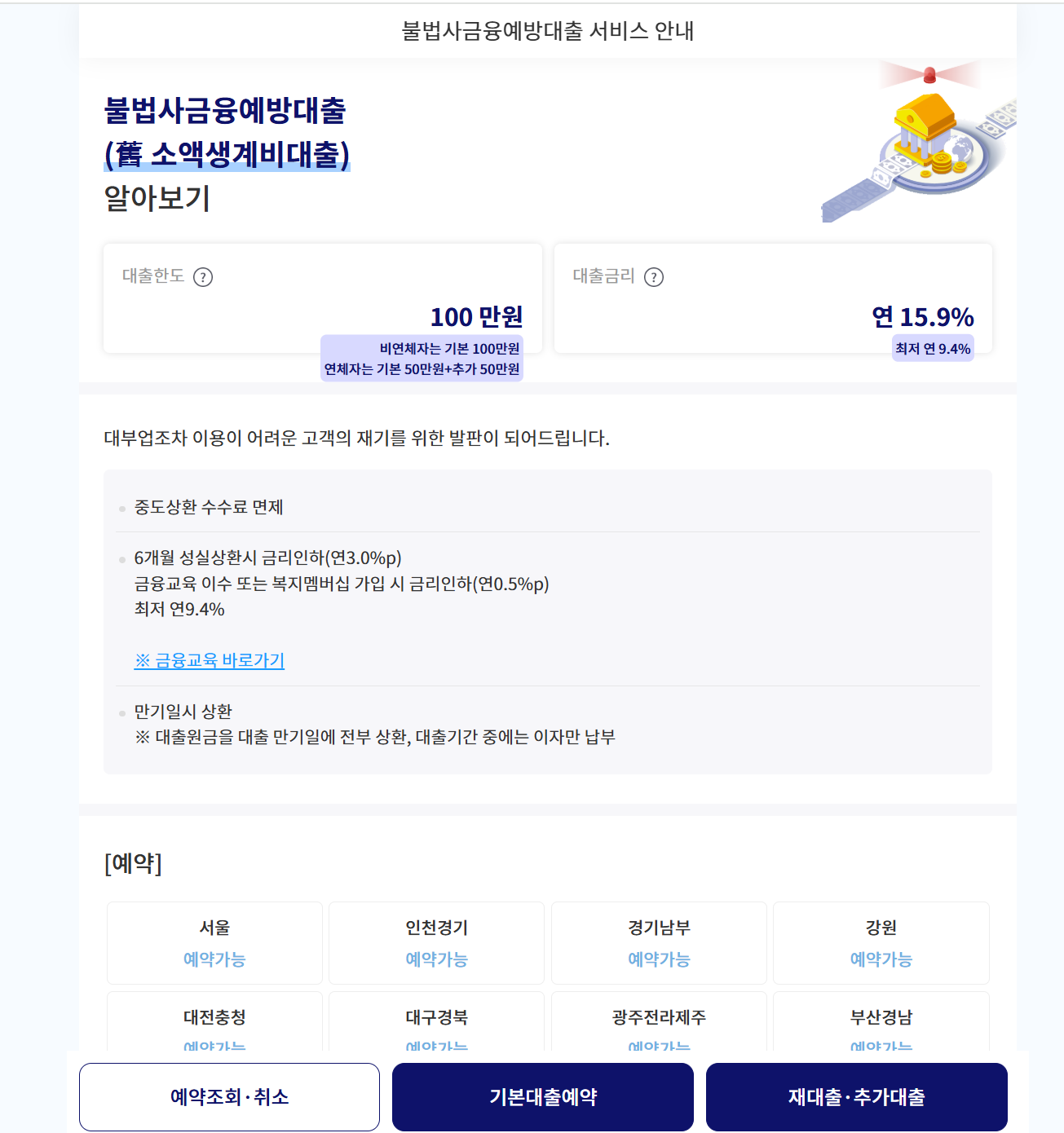 서민금융진흥원 '소액생계비대출(불법사금융예방대출)' 신청 절차. 온라인 신청이 아닌, '방문상담 예약'을 먼저 해야 함을 보여주는 화면.