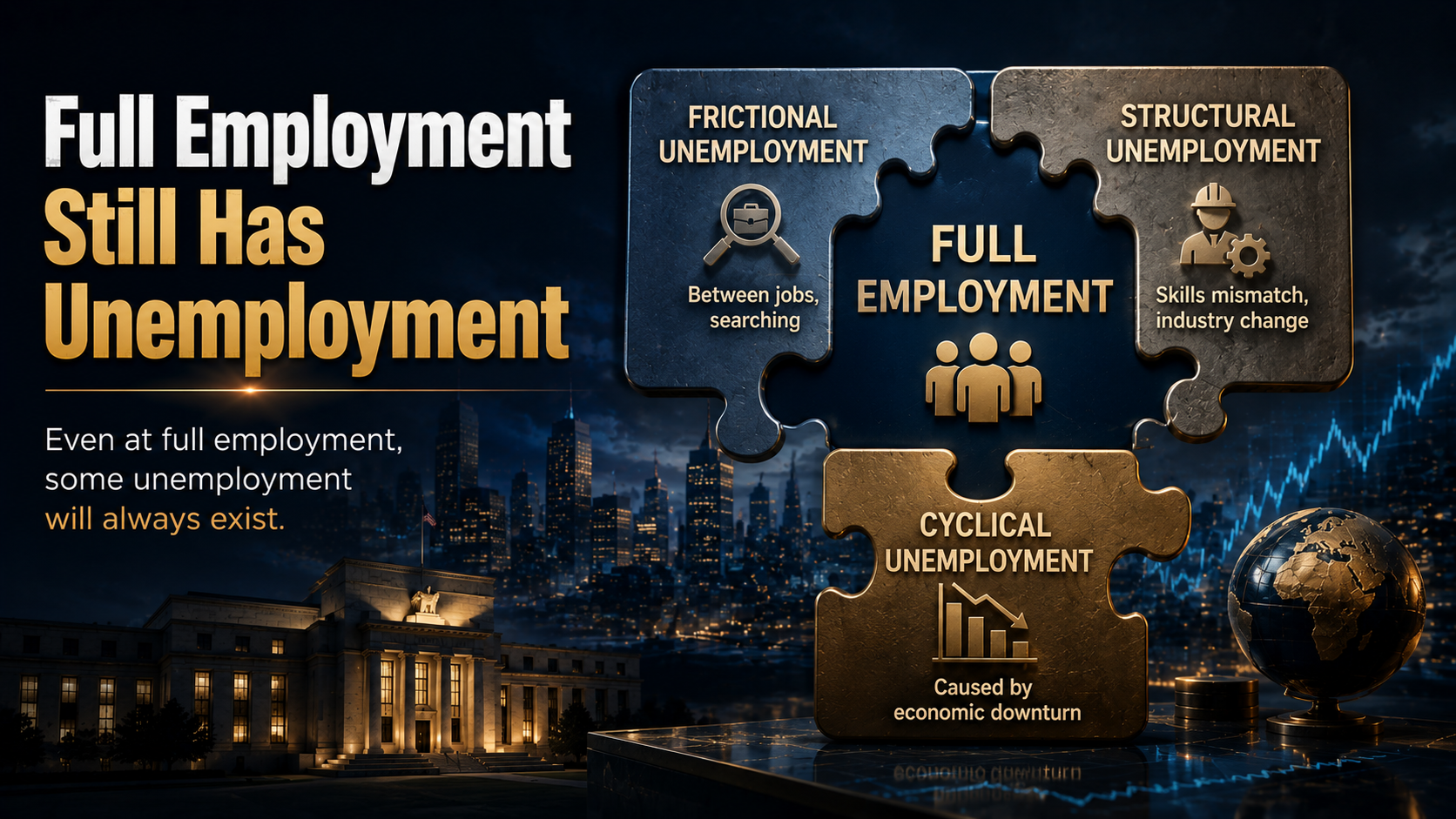 Full employment infographic showing frictional, structural, and cyclical unemployment as components of the labor market.