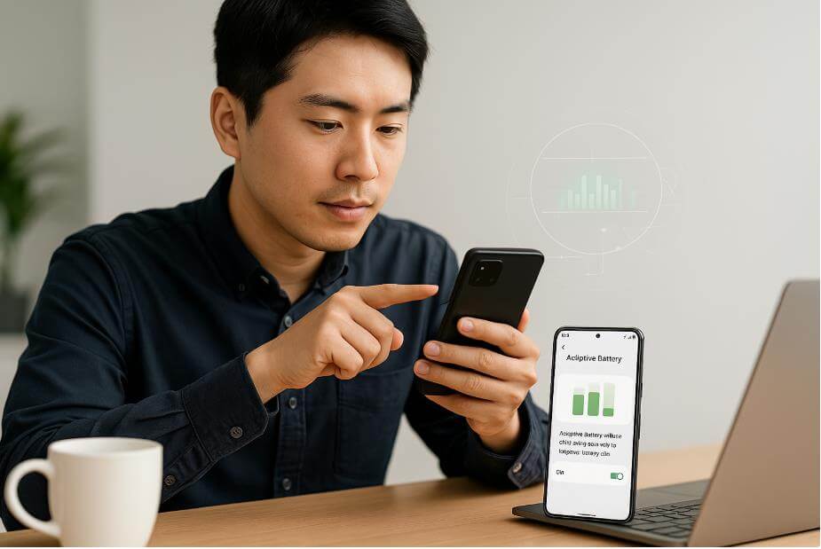 Adaptive Battery 기능으로 사용자의 전력 소비 패턴을 학습하는 장면