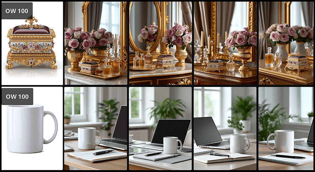 소품 이미지의 OREF, Midjourney OW 값(100)에서의 일관성 반영을 보여주는 이미지_Midjourney