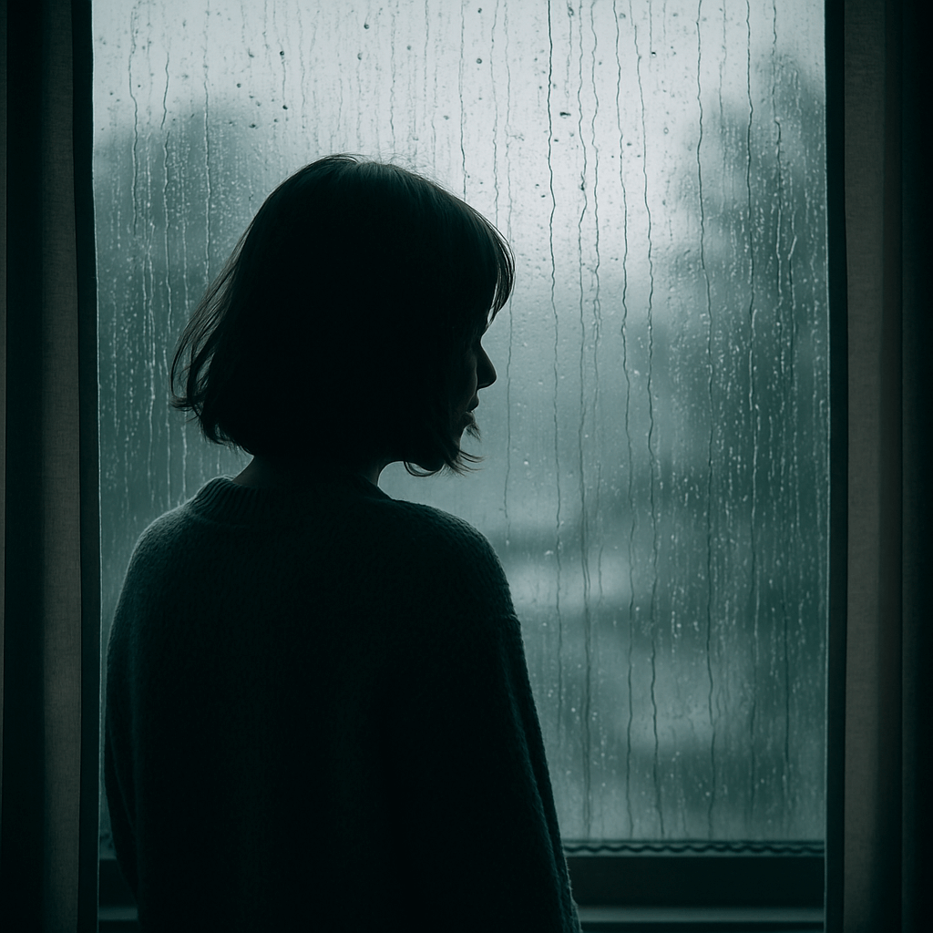장마철 흐린 창밖을 바라보는 여성의 실루엣, 우울한 감정을 상징적으로 표현한 이미지