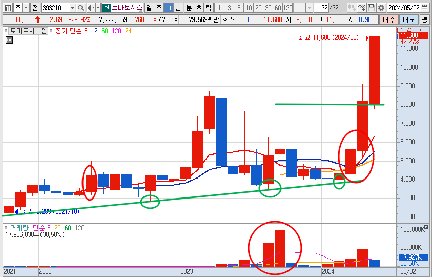토마토시스템 주가 월봉 차트 분석