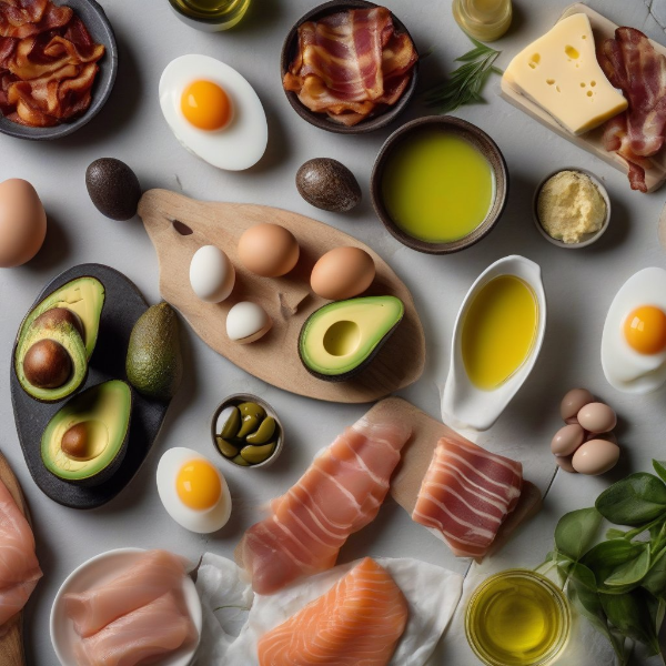 2. 나무 테이블 위에 정리된 저탄고지 식단 재료: 아보카도, 삶은 달걀, 베이컨, 연어, 치즈, 올리브유를 밝은 자연광 아래 촬영한 스튜디오컷