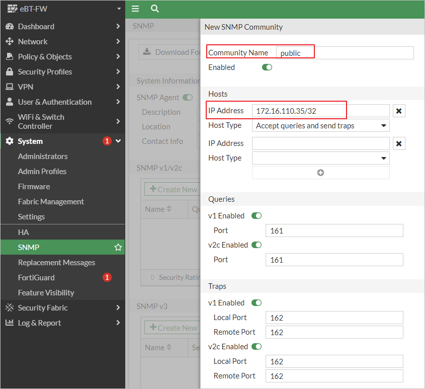 Global 모드에서 SYSTEM - SNMP에서 설정
