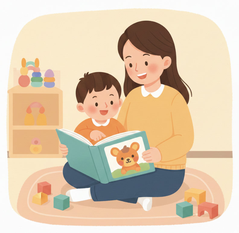 엄마와 아이가 언어발달의 한 방법인 대화형 책읽기를 하는 모