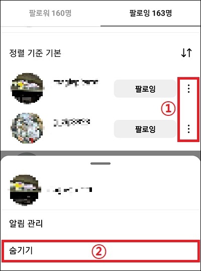 팔로잉 숨기기