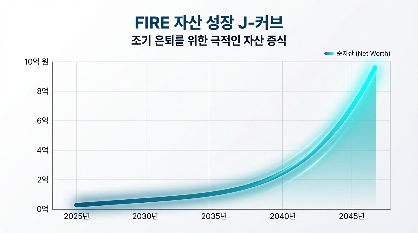 시간이 지날수록 가파르게 솟구쳐 오르는 파이어족 자산 성장의 J커브 그래프 화면