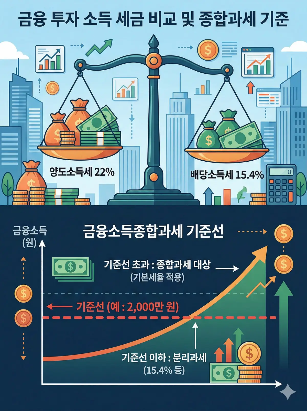양도소득세 22%와 배당소득세 15.4%를 저울에 올려두고 비교하는 일러스트, 금융소득종합과세 기준선이 표시된 그래프