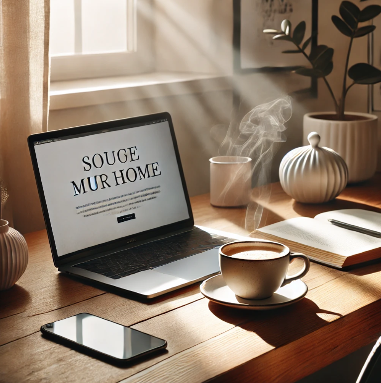 상 위에 열린 노트북과 커피잔이 놓여 있고, 노트북 화면