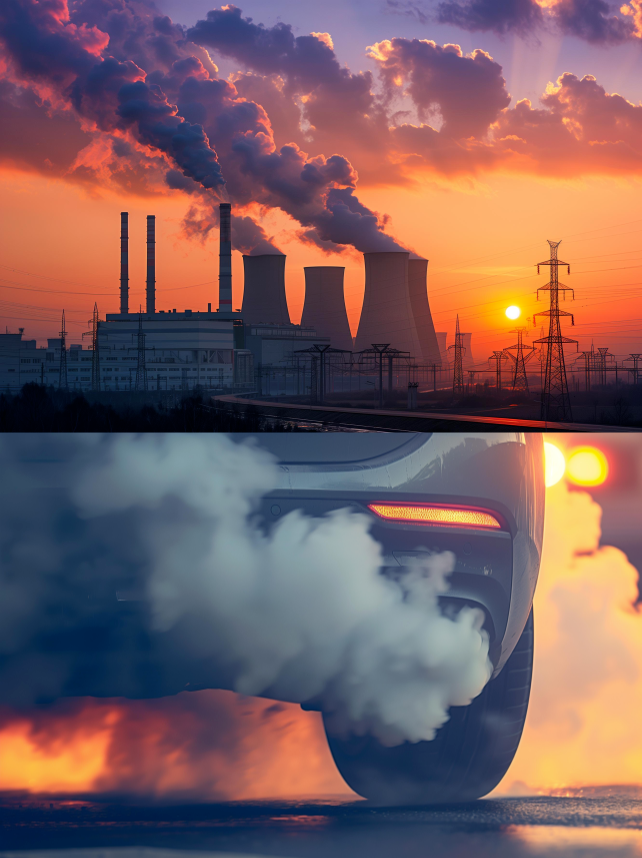 석탄 발전소에서 나오는 연기와 차량 배기구에서 나오는 매연 이미지